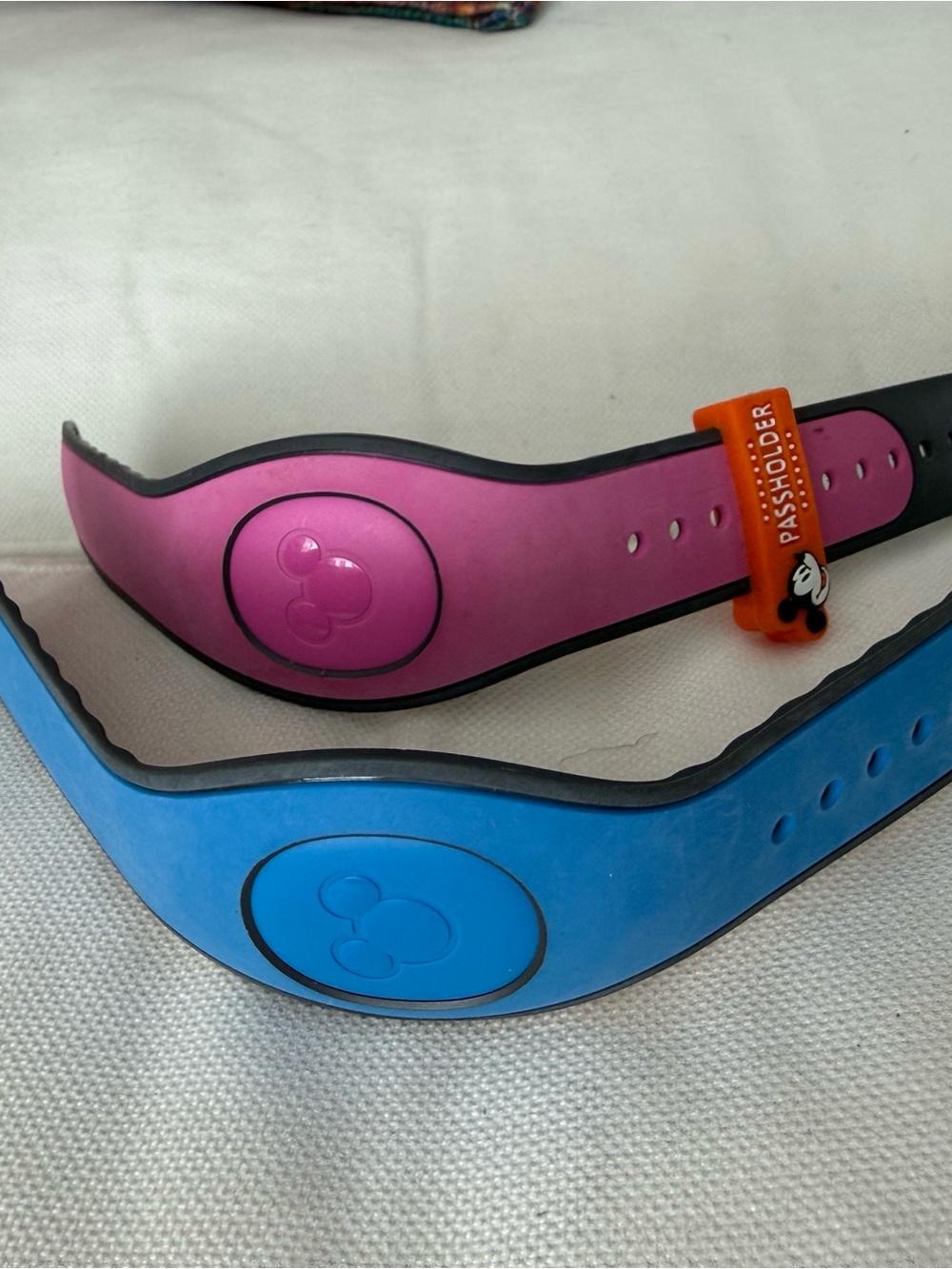 Disney Pink and Blue Silicone MagicBands with Orange Passholder Slider